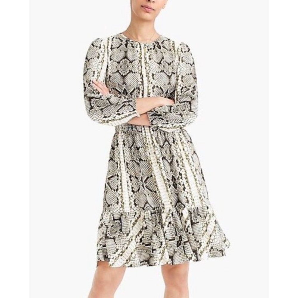 J. Crew Long Sleeve Snake Print Ruffle Hem Smock Dress Size XXS NWT